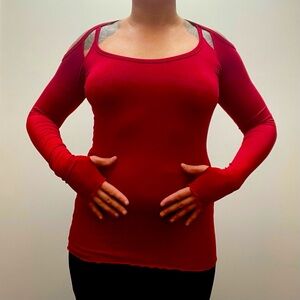 Women's Caraucci Red Long Sleeve Top with Thumb Holes and Unique Strap Details